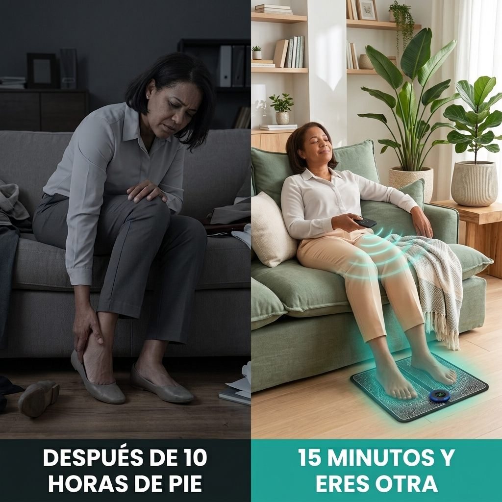 Antes: cansada después de 10 horas de pie. Después: relajada tras 15 minutos con el masajeador.