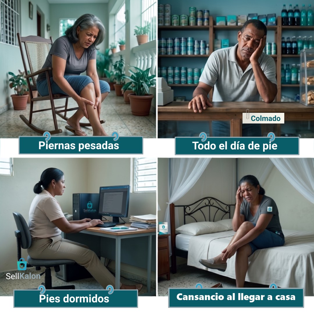Cuatro momentos de cansancio: piernas pesadas, todo el día de pie, pies dormidos y cansancio al llegar a casa