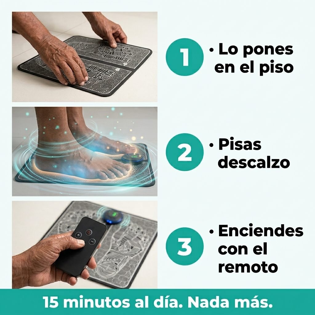 Cómo se usa en 3 pasos: lo pones en el piso, pisas descalzo, lo enciendes con el remoto. 15 minutos al día.