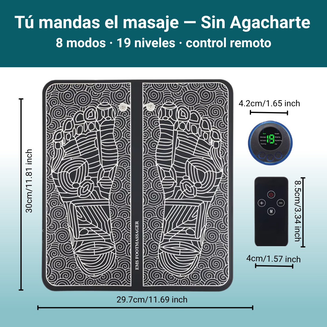 Medidas del masajeador de pies EMS: 30 x 29.7 cm; control 4.2 cm; remoto 8.5 x 4 cm